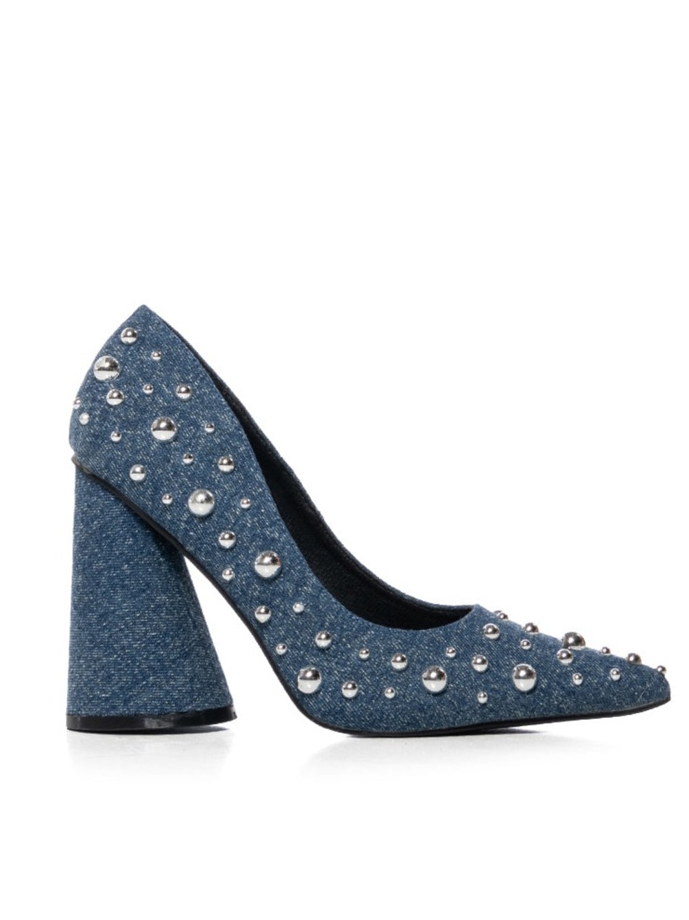 Denim Studded Block Heel Pumps